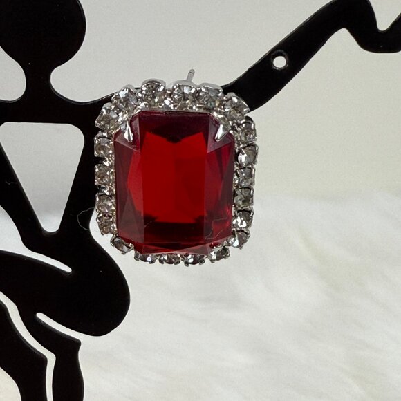 Vintage Red & Clear Glass Prong Set Rhinestone Pierced Earrings - Picture 4 of 7